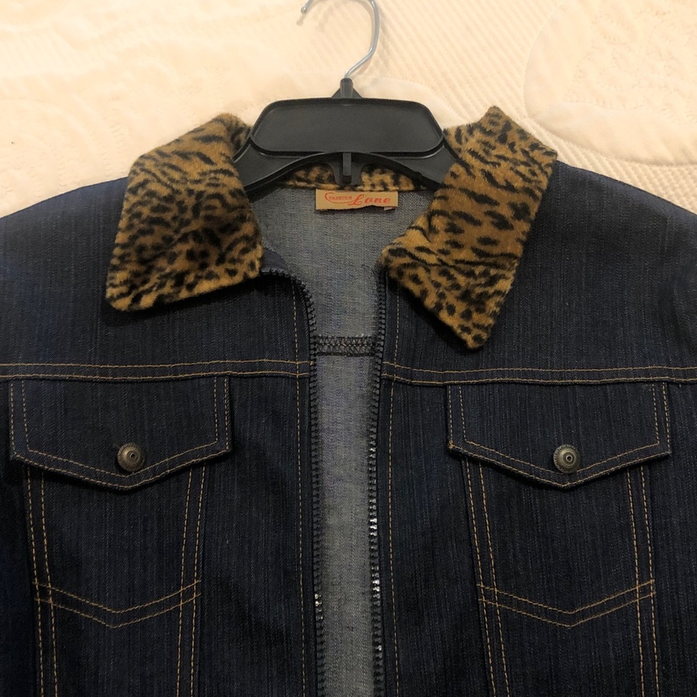 Love Dark Blue Denim Jacket with Leopard Trim